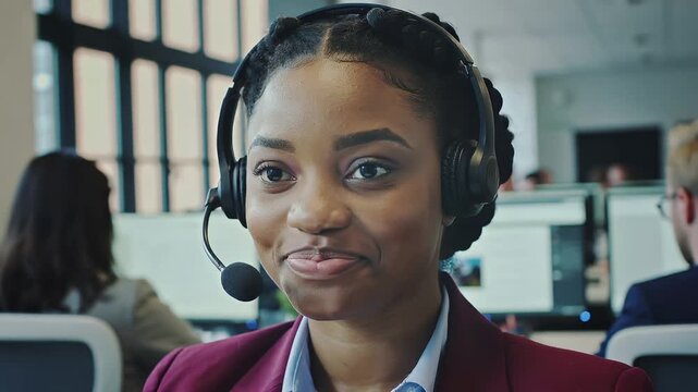 Customer service representative talks with clients in the call center during work hours