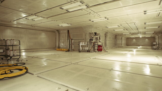 Open engineering hub with heavy machinery and power consoles, generator racks, piping and gauge clusters, workbench with toolset, industrial energy vibe.