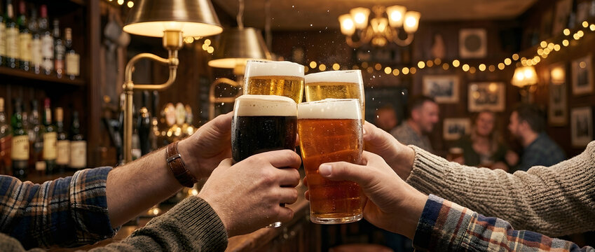 Close up of group of friends clinking glasses of craft beer and dark stout for a toast in a cozy traditional pub interior with warm bokeh lighting