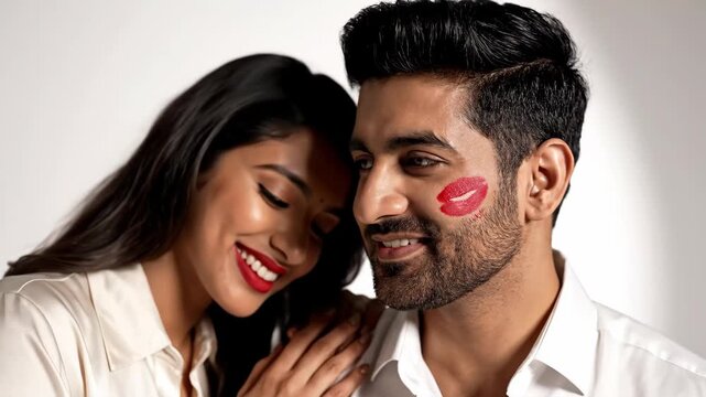 Close Up Young Couple Smiling with Red Lipstick Kiss Mark on Cheek