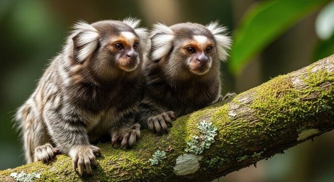 Two Adorable Marmosets Perched on a Mossy Tree Branch in a Lush Forest.