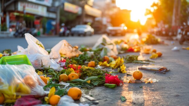 Crushed Produce Littering the Street After Market Closes at Sunset