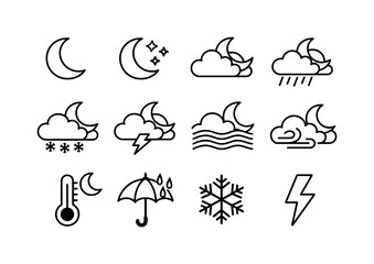 Obraz premium Night weather forecast: crescent moon, crescent moon with stars, cloud with moon behind, cloud with moon and rain, cloud with moon and snow, cloud with moon and lightning, fog