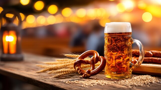 Traditional Beer Stein with Pretzel and Sausage on Rustic Oak Table