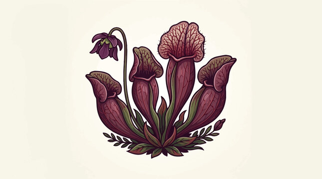 Botanical illustration of dark red pitcher plants with a single drooping flower.