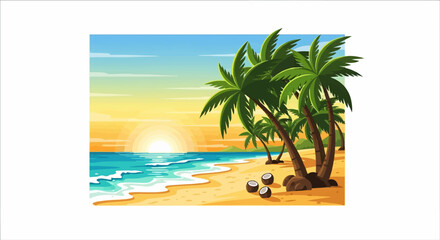 Obraz premium Tropical Beach Sunset with Palm Trees and Ocean Waves.