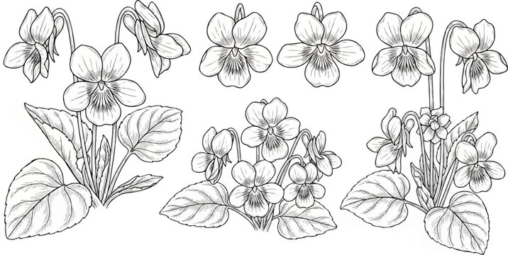 Detailed Botanical Illustration of Violet Flowers and Leaves in Various Arrangements.