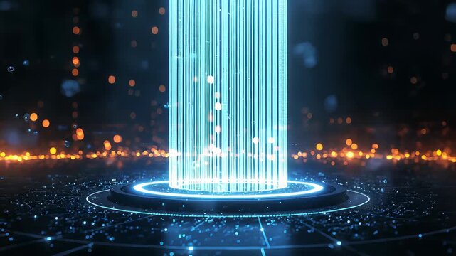 Vertical glowing light beam rising from circular platform with particles and digital grid in dark environment
