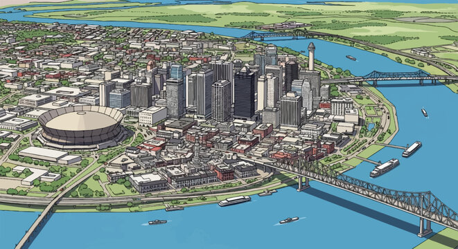 New Orleans Louisiana cityscape with Superdome and Mississippi River.