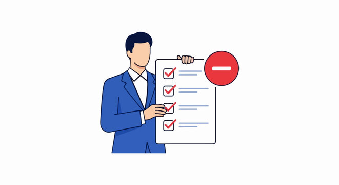 Businessman holding checklist with red minus sign.