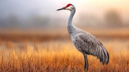 Obraz premium Sandhill Crane Standing Gracefully in Tall Prairie Grass at Sunrise