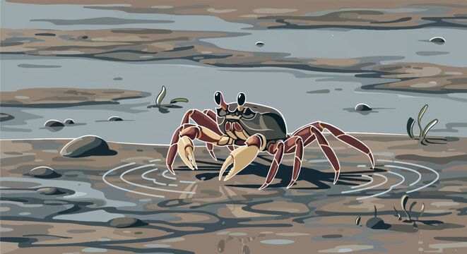 Crab in Water with Ripples.