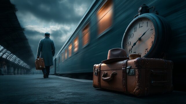 Vintage Train Station Scene with Clock and Suitcase at Departure Time