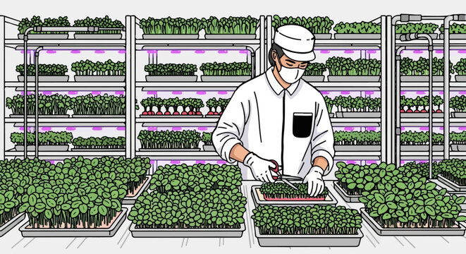 Man harvesting microgreens in a controlled indoor farm environment.