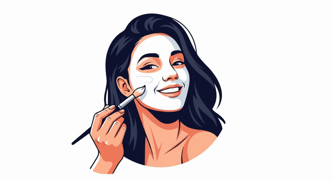 Smiling woman applying a facial mask with a brush.