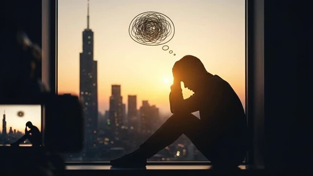 Depression, an anxious man experiencing severe mental distress, overwhelmed by tangled thoughts, sitting alone, watching the vibrant urban city skyline at sunset from a window