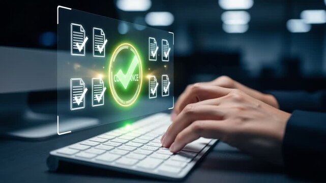 Regulatory compliance checklist concept. Person typing keyboard with digital check mark icons, standards verification, risk management and business certification process