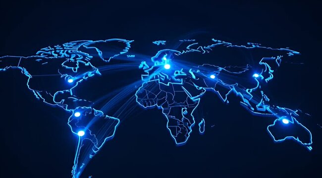 futuristic world map network concept in blue with glowing connections nodes