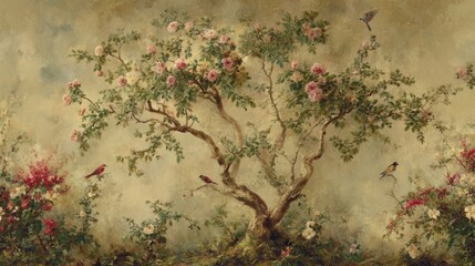 Antique chinoiserie wallpaper mural with tree, birds, and roses in a vintage design