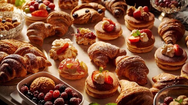 Buttery flaky croissant pastry tart with cream, strawberry and raspberry morning spread