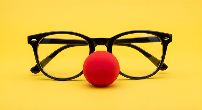 April fools' day prank with red nose glasses on yellow background