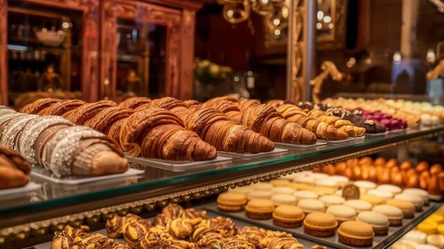 Buttery croissant pastry and macaron bakery display dessert in warm inviting pastry case