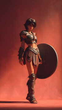 3D stylized semi-real female gladiator with athletic curvy build. Short dark hair. Leather armor skirt, arm guards, holding round shield. Strong grounded stance. Solid deep terracotta background,