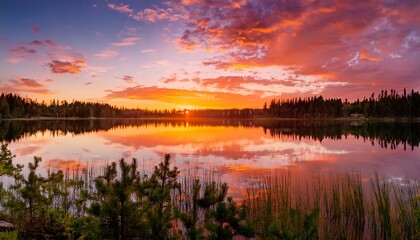 Fototapeta premium Serene Sunrise Over Tranquil Lake Vibrant Orange And Pink Hues Paint The Sky Reflecting Beautifully On Calm Water Perfect For Travel And Nature Themes