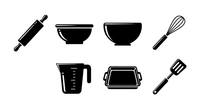 Baking Utensils Silhouette Collection: Rolling Pin, Whisk, Bowls, Measuring Cup, Pan, Spatula