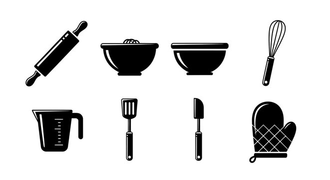 Baking Utensils Silhouette Set: Rolling Pin, Bowls, Whisk, Spatula, Oven Mitt