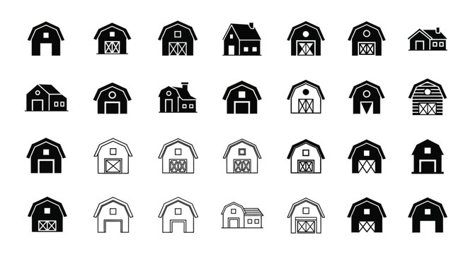 Barn Icons Set: Various Farm Buildings, Agricultural Structures, and Rural Architecture Collection