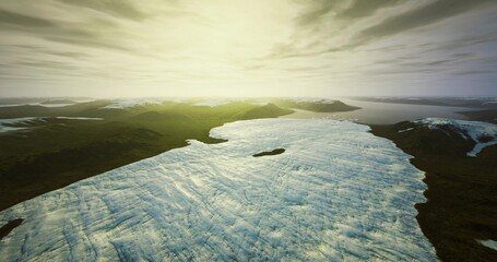 Aerial ice plateau at morning glow revealing smooth expanse and subtle melt channels, drone survey perspective with distant mountains, pale sky and cool © icetray