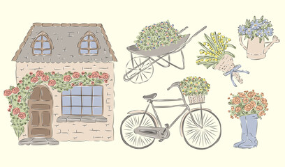 Naklejka premium Cottage Garden Elements Hand Drawn