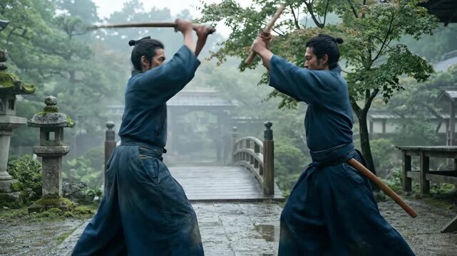 Two Asian Samurai Sparring with Wooden Swords in a Japanese Garden