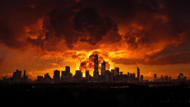 Apocalyptic fiery orange city skyline sunset with dramatic clouds, glowing explosion and skyline