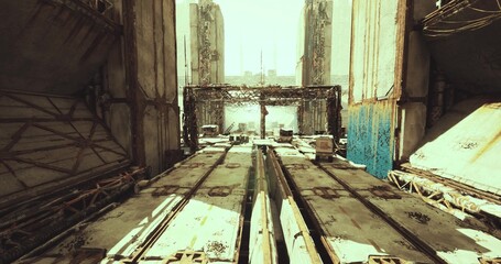 Obraz premium waterfront industrial approach toward distant skyline low sun, dockside platforms, scattered crates, heavy beams, shimmering water, gritty waterfront mood