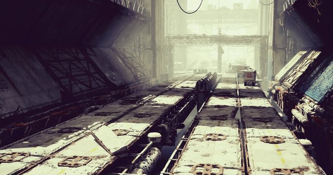 automated loading ramp with stacked pallets and conveyor lanes, industrial dock ambience, mechanical guides and freight containers, efficient logistics mood