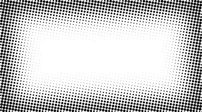 Halftone frame vector. Comic divider and pop art faded border. Grunge speckle grain background with dotted particles. White and black abstract wallpaper for retro backdrops and design.