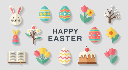 Fototapeta premium Happy Easter Flat Design Icons: Bunny, Eggs, Flowers, Cake, Book, Pussy Willow
