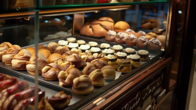 Fresh bakery pastry display featuring croissant eclair cream puff tart bakery delights warm golden