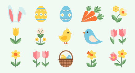 Obraz premium Easter Icons: Cute Bunny Ears, Eggs, Tulips, Chicks, Carrots, Flowers, Basket
