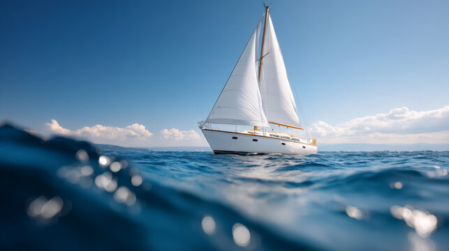 Majestic sailboat sailing under clear blue sky on serene ocean waters