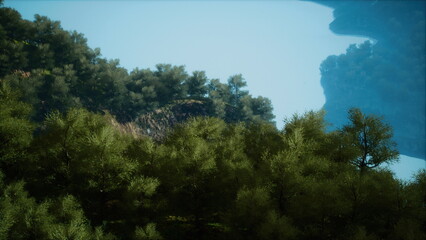 Fototapeta premium A serene lake is framed by vibrant greenery and gentle hills under a clear blue sky. The peaceful atmosphere invites relaxation and contemplation amid natures beauty.