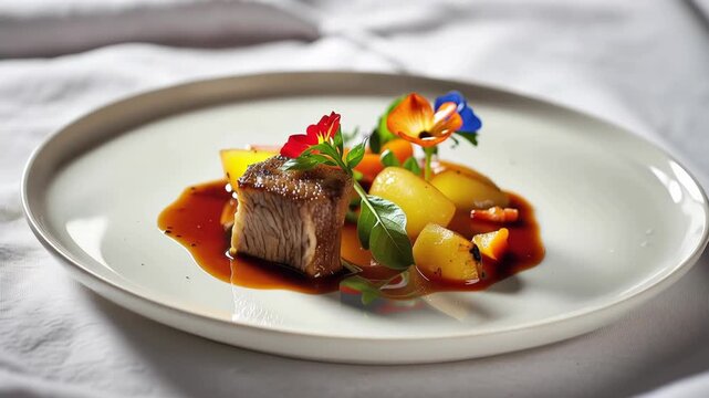 Seared beef medallion potato carrot sauce edible flower glazed root vegetables elegant plating