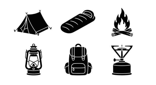 Camping Gear Icons: Tent, Sleeping Bag, Fire, Lantern, Backpack, Stove - Black and White Silhouette