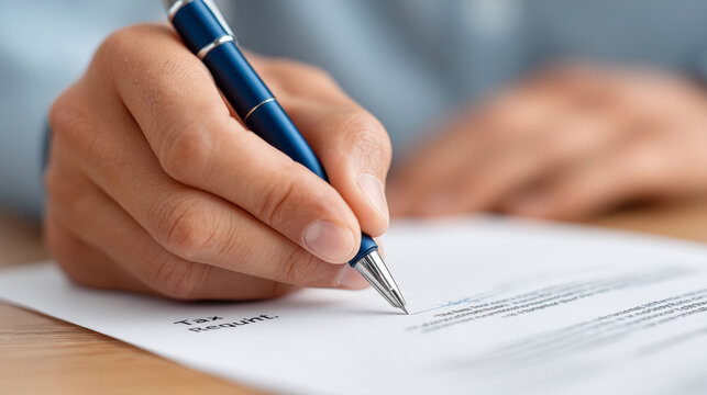Close-up of hand writing on tax requisition document with blue pen for financial planning