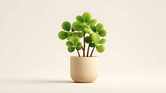 3D stylized semi-real potted plant with rounded stylized leaves, simple cylindrical pot. Soft subsurface leaf shading. Solid light neutral background.