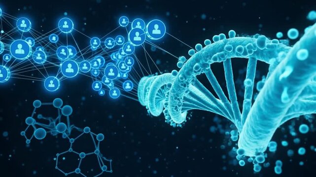 Vertical video: DNA helix pulsing while streaks sweeping causing nodes forming biotech data view
