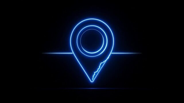 Abstract location glowing neon icon fast tracking map pin icon animation on black background.