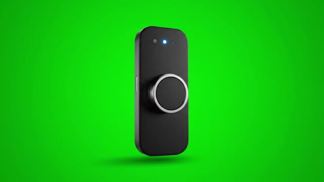 Black video doorbell with silver button in isolated green background for smart home technology